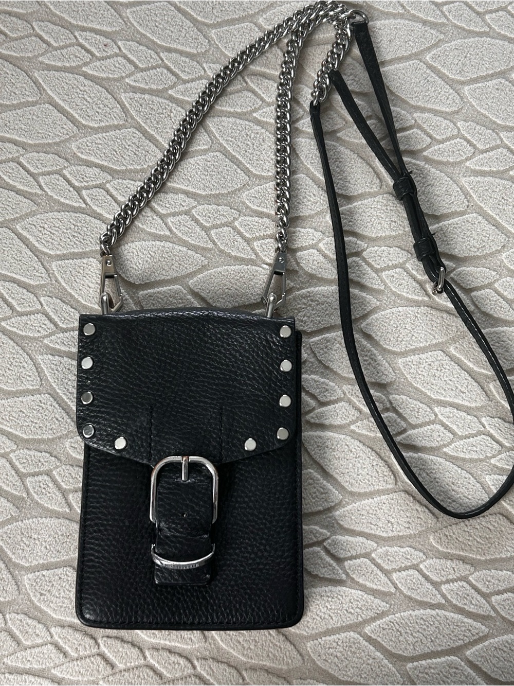 Rebecca Minkoff Black Pebbled Leather Mini Crossbody with Silver Studs & Buckle